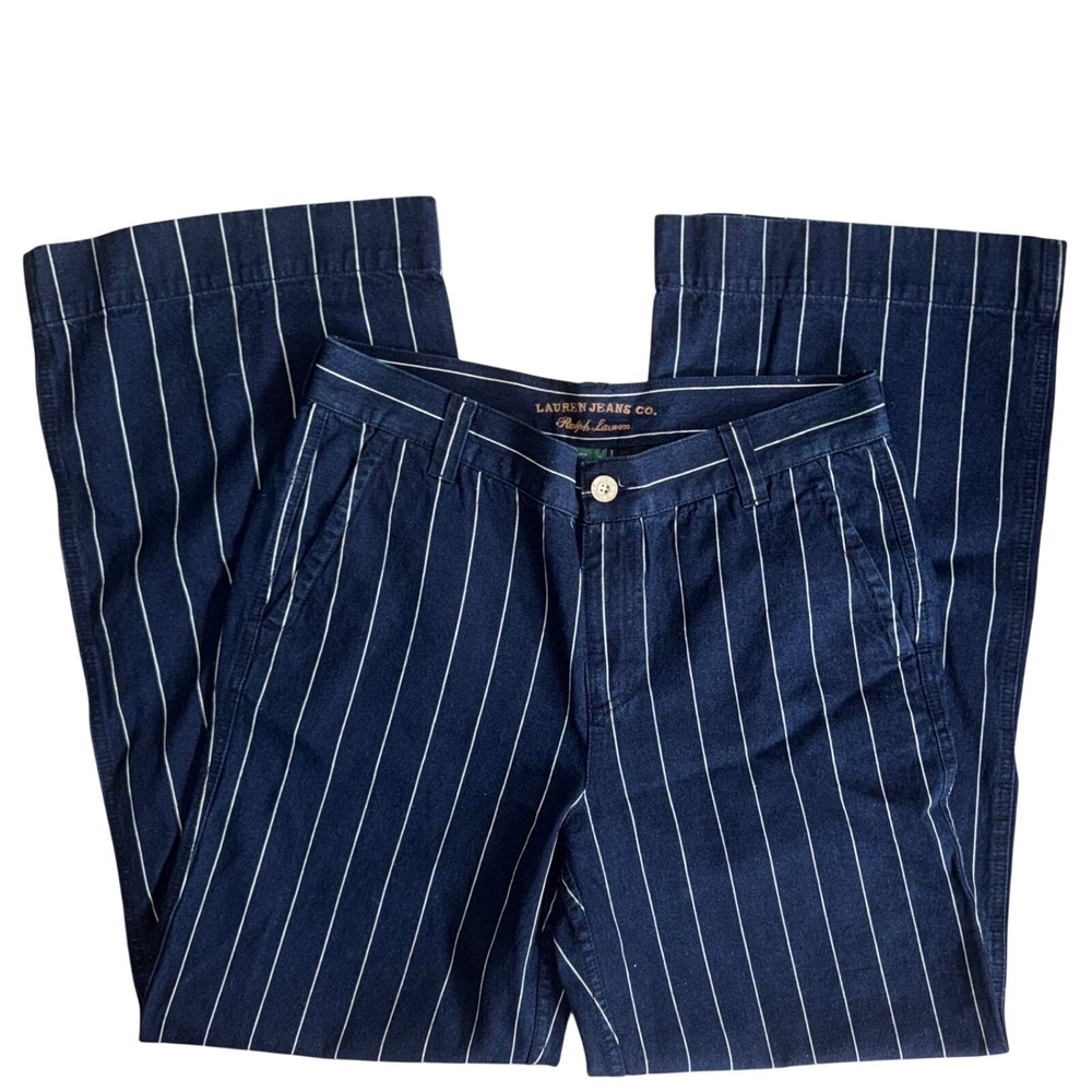 Lauren Ralph Lauren Navy Pinstripe Wide Leg Pants Nautical Size 10 100% Cotton